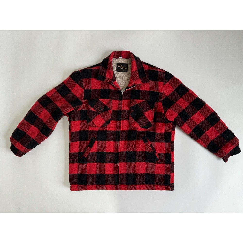 Vintage 70's Cal‎ Craft Jacket Adult Large Red Buffalo Plaid Wool Sherpa Lined